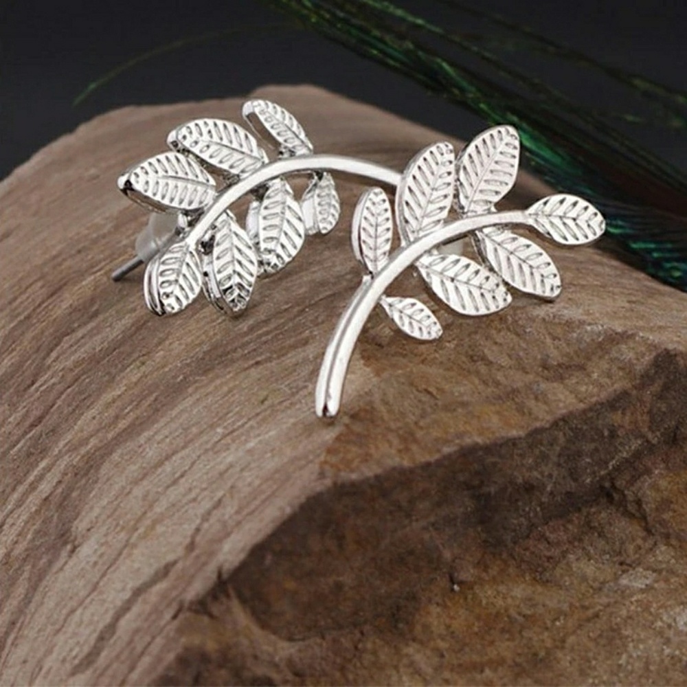 Leaf Branch Stud Earrings in Silver Tone - Women's Jewelry